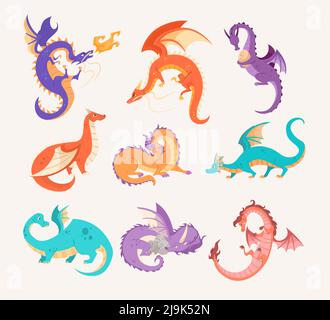 Colorful dragons on white background cartoon illustration set. Cute magical creature flying, sitting, fighting, walking, releasing fire, hatching eggs Stock Vector