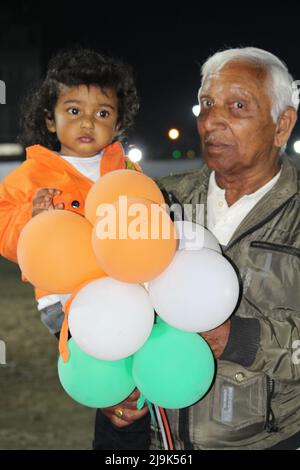 indian independence day celebration, people, international friendship and technology concept - group of happy teenage and old age friends Stock Photo