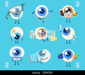 Cute eyeball character cartoon illustration set. Sad and sick eye or human organ holding carrot, blueberry and fast food, looking at laptop screen, we Stock Vector