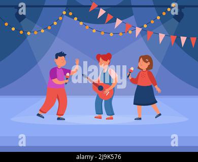 Children performing on stage during school talent show. Girl playing guitar, theater kids singing flat vector illustration. Music, childhood, performa Stock Vector