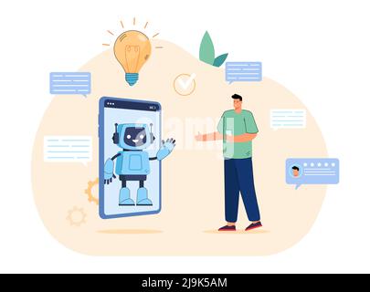 Conversation between chat bot on screen of phone and customer. Tiny man talking with cute robot in online messenger flat vector illustration. Chatbot, Stock Vector