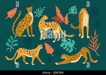 Cheetahs in different poses cartoon illustration set. Seamless pattern with leopards or jaguars with tropical leaves and plants isolated on dark green Stock Vector