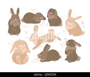 Cute bunnies in different poses cartoon illustration set. Funny brown rabbits jumping, running, sitting, sleeping and standing on hind legs on white b Stock Vector