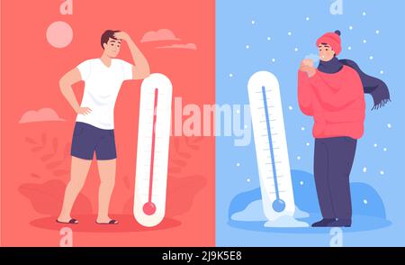 Comparison between men with thermometers in summer and winter. Hot and cold weather, sweaty person in heat, guy in warm clothes, high and low temperat Stock Vector
