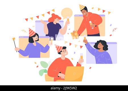 Friends celebrating birthday online flat vector illustration. Men and women having video call or conference during quarantine. Clinking glasses throug Stock Vector