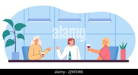 Female friends talking and drinking at table in cafe or bar. Cartoon people hanging out together during lunch flat vector illustration. Communication, Stock Vector