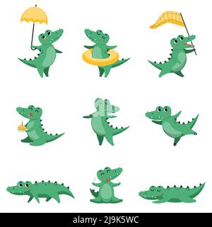 Cute crocodile in different poses cartoon illustration set. Funny alligator sleeping, eating, standing under umbrella, celebrating birthday and dancin Stock Vector