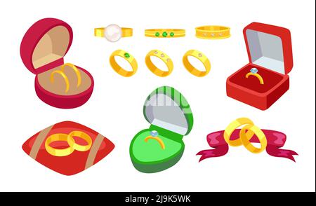 Different golden engagement rings vector illustrations set. Accessory for wedding or proposal in red boxes, rings with jewels isolated on white backgr Stock Vector