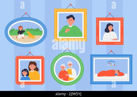 Family photos in frames hanging on wall flat vector illustration. Portraits of grandparents, mother and daughter, sleeping son, and kid playing with d Stock Vector