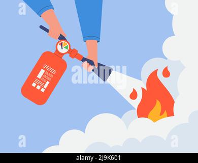 Fireman holding fire extinguisher flat vector illustration. Man or firefighter providing safety, preventing fire, putting out flame. Caution, emergenc Stock Vector