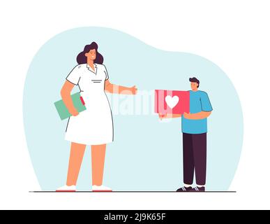 Female nurse showing thumbs up to little boy. Cartoon patient holding like button, happy doctor flat vector illustration. Health, medicine concept for Stock Vector