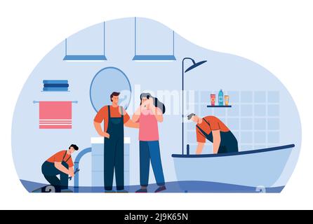 Frustrated female person and team of plumbers in bathroom. Maintenance workers helping woman with plumbing flat vector illustration. Repair service co Stock Vector