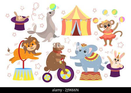 Funny circus animals doing tricks cartoon illustration set. Monkey juggling balls, bear riding bike, elephant standing on stage, rabbit sitting in hat Stock Vector