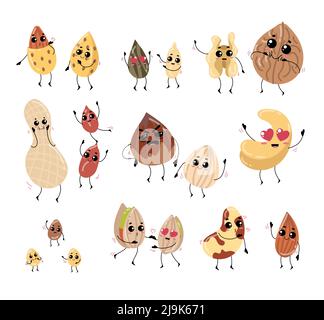 Funny nuts with cute faces cartoon illustration set. Walnut in shell, pistachio, almond, peanut characters with hearts in eyes kissing in air. Vegan o Stock Vector