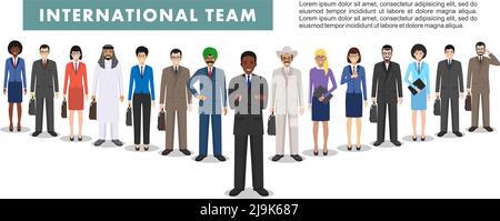Group of creative people isolated on white background. Set of diverse business people standing together. Different nationalities and dress styles. Cut Stock Vector