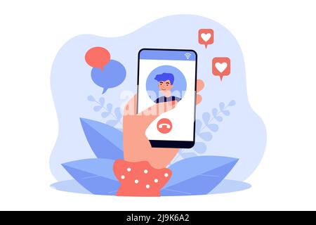 Hand holding phone with video call with cartoon person on screen. Girlfriend video calling boyfriend via smartphone flat vector illustration. Technolo Stock Vector