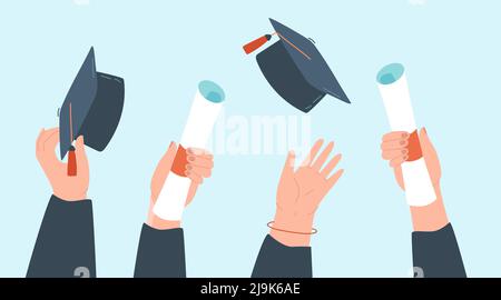 Graduation caps and diploma in peoples hands. Graduates throwing graduation hats in air, celebrating together flat vector illustration. Education, uni Stock Vector