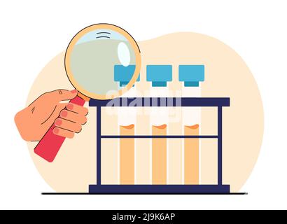 Hand holding magnifying glass and examining glass tubes. Scientist doing scientific research in laboratory flat vector illustration. Chemistry, scienc Stock Vector