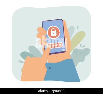 Hand holding phone with screen lock flat vector illustration. Person entering PIN code or password on smartphone. Safety, security, protection concept Stock Vector