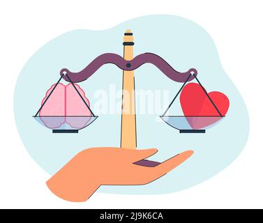Hand holding scales with brain and heart. Person choosing logic and emotions between flat vector illustration. Comparison, choice, dilemma concept for Stock Vector