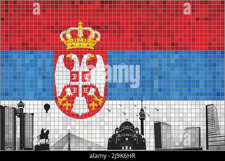 Belgrade city skyline with flag of Serbia on background - illustration,  Mosaic Grunge flag of the Serbia Stock Vector