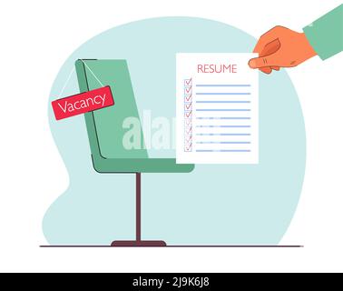 Job resume document out from laptop. Hand holding cv resume papers. Human  resources management concept, searching professional staff, work. Found  right resume. Vector illustration in flat style Stock Vector