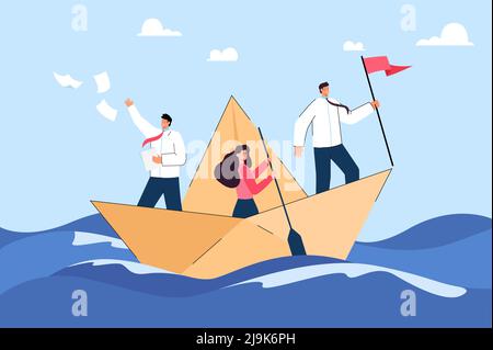Happy businessmen and businesswoman sailing on paper boat. Cartoon business team in ocean or sea, leader with flag flat vector illustration. Cooperati Stock Vector