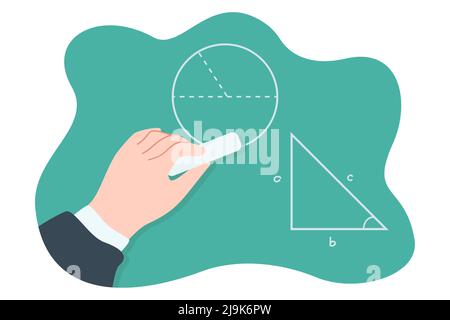 Hand with chalk drawing circle on board flat vector illustration. Student or pupil handling geometry tasks on chalkboard, tracing triangle. Education, Stock Vector