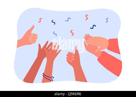 Hands clapping and giving thumbs up. Crowd of diverse people applauding, audience cheering flat vector illustration. Success, celebration, support con Stock Vector