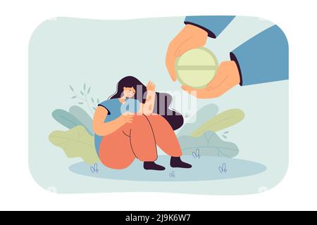 Huge hands giving pill to sad girl flat vector illustration. Sick woman sitting on floor and refusing to take medicine Treatment, healthcare concept f Stock Vector