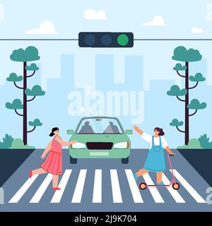 Little cartoon girls crossing street in front of moving car. Driver beeping at children on road flat vector illustration. Danger, traffic, safety conc Stock Vector