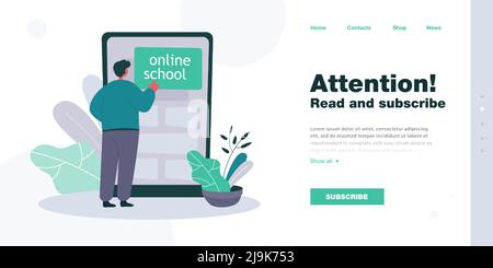 Online school student standing in front of huge smartphone. Male character studying remotely flat vector illustration. Online education, technology co Stock Vector