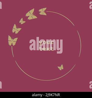Butterfly frame. Hand drawn gold, grey color silhouttes, clipart illustration, circle templates. Pink easy editable background. Vector Stock Vector