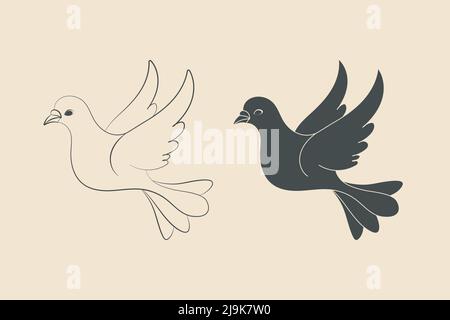 Dove icon set. Peace symbol, logo cartoon style. Outline black outline, black silhouette illustrations. Vector Stock Vector