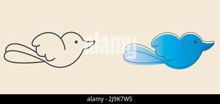 Bird icon set. Dove symbol, logo cartoon style. Outline black thick line, thin one line, blue gradient fill logo illustrations Stock Vector