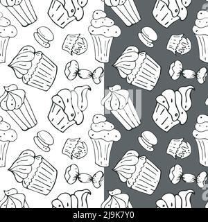 Sweet cakes seamless pattern. Hand drawn ink brush doodle design. Bakery desserts symbols, cartoon style elements. Grey line contours. Gray, white Stock Vector