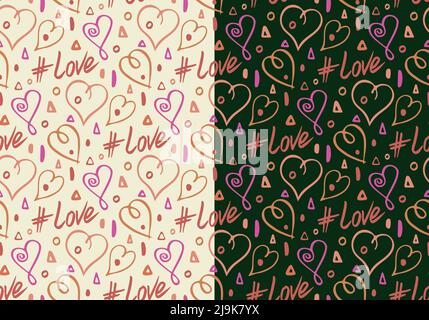 Doodle ink brush, monochrome abstract seamless pattern. Thick hand drawn hearts, love word, red pink colors. Hand drawn cartoon style. White or black Stock Vector