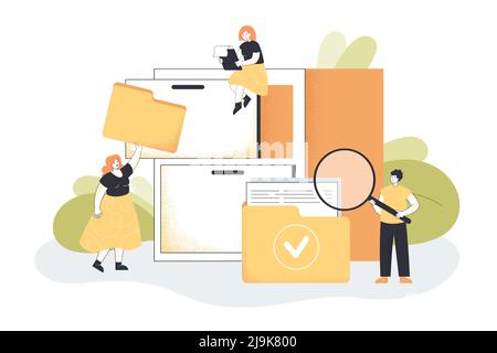 Workers organizing data storage flat vector illustration. Women putting folders in cabinet. Man searching for document in folder. Organized archive, d Stock Vector