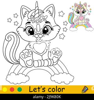Cartoon cute funny cat unicorn sitting on a rainbow. Coloring book page with colorful template for kids. Vector isolated illustration. For coloring bo Stock Vector