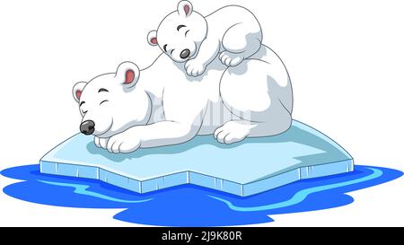 Cartoon mother and baby polar bear sleeping on ice floe Stock Vector