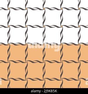 Geometrical square grid, abstract monochrome seamless pattern, wavy doodle line. Black and white, yellow color background. Vector Stock Vector