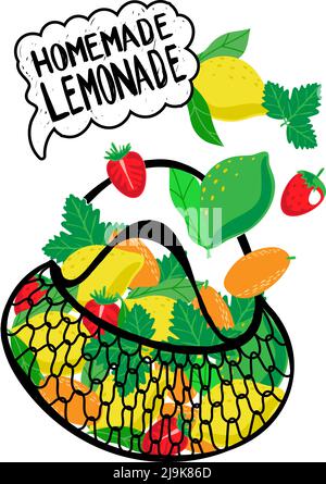 Mesh shopping bag with lemons limes, strawberries, mint and kumquats. Hand-drawn doodle elements in a flat style. Homemade lemonade. Handwritten lette Stock Vector