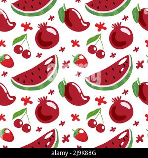 Seamless pattern of red fruits and berries, summer vector illustration in cartoon style. Watermelon, cherries, strawberries, pomegranate and mango. Br Stock Vector