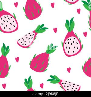 Seamless pattern of pitaya and abstract hearts, summer vector illustration in cartoon style. Pitaya whole, half and quarter. Bright summer pattern Stock Vector