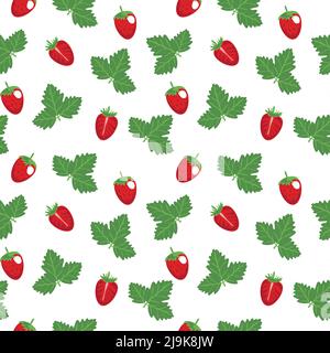 Seamless pattern of strawberries, summer vector illustration in cartoon style. Strawberries whole and half. Leaves of the plant. Bright summer pattern Stock Vector