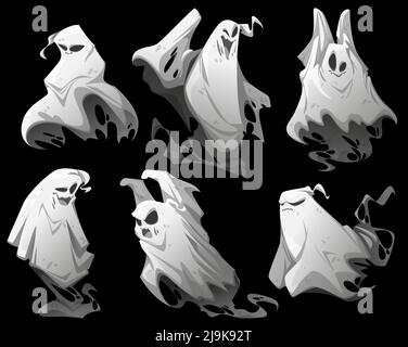 Ghosts, cartoon Halloween characters. Funny spooks creatures different emotions set. Spooky spirits emoji smiling, yelling, say boo. Fantasy monsters, horror, phantom personages, Vector illustration Stock Vector