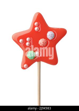 Front view of red star shaped lollipop with sprinkles isolated on white Stock Photo