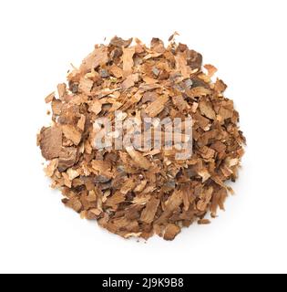 Top view of pine bark mulch chips isolated on white Stock Photo