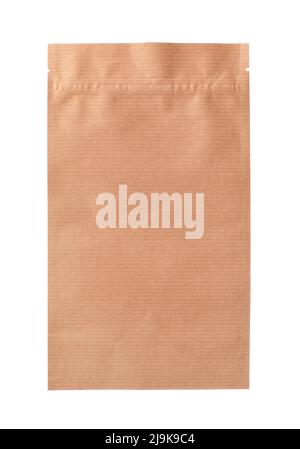 Front view of new brown paper zip lock bag isolated on white Stock Photo