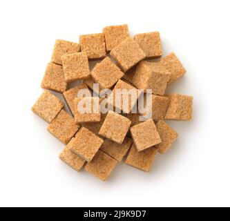 Top view of brown cane sugar cubes isolated on white Stock Photo